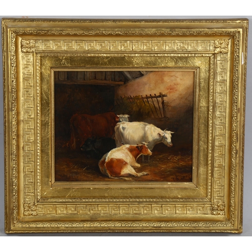 618 - Circle of Thomas Sidney Cooper, oil on canvas, cattle in the barn, signed, 25cm x 30cm, framed