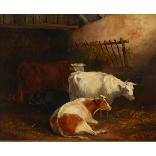 618 - Circle of Thomas Sidney Cooper, oil on canvas, cattle in the barn, signed, 25cm x 30cm, framed