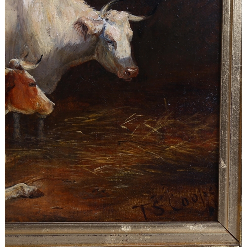 618 - Circle of Thomas Sidney Cooper, oil on canvas, cattle in the barn, signed, 25cm x 30cm, framed