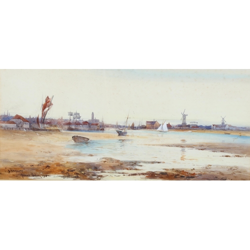 619 - Thomas Sidney, watercolour, Yarmouth, signed and dated 1908, 23cm x 48cm, framed