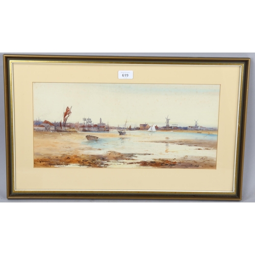 619 - Thomas Sidney, watercolour, Yarmouth, signed and dated 1908, 23cm x 48cm, framed