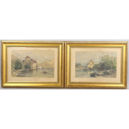 625 - E Davis, 2 watercolours, Continental lake scene, 29cm x 45cm, and Bristol river scene, 28cm x 44cm, ... 