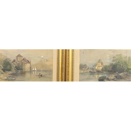 625 - E Davis, 2 watercolours, Continental lake scene, 29cm x 45cm, and Bristol river scene, 28cm x 44cm, ... 