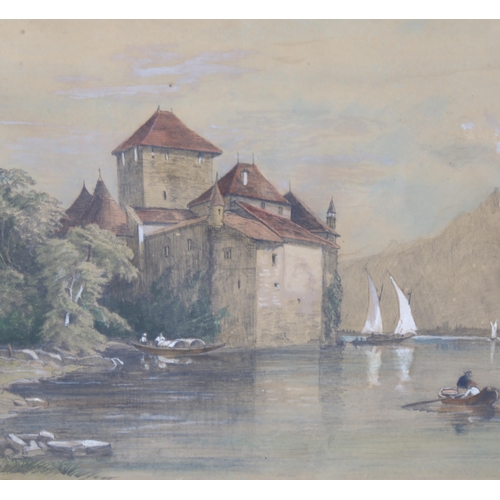 625 - E Davis, 2 watercolours, Continental lake scene, 29cm x 45cm, and Bristol river scene, 28cm x 44cm, ... 