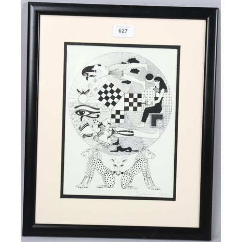 627 - Joyce Hargreaves, pen and ink, the Pythagorean Triangle, signed and dated '85, 26cm x 19cm, framed