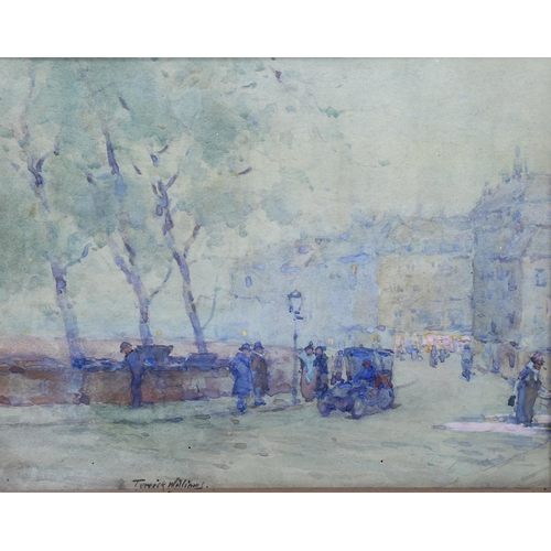 629 - Terrick Williams, watercolour, twilight on the quay Paris, signed with original RI Exhibition label ... 