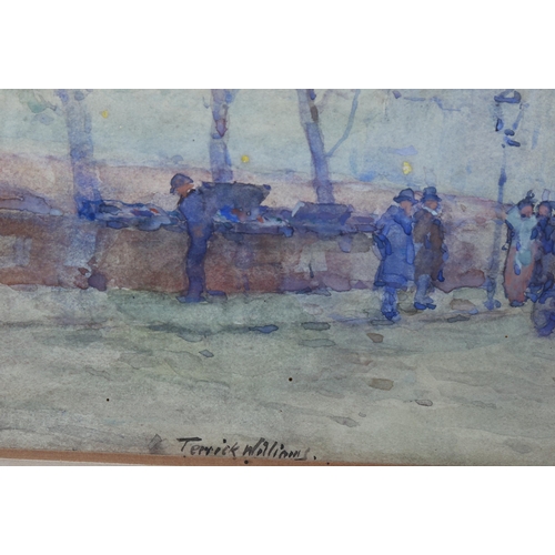 629 - Terrick Williams, watercolour, twilight on the quay Paris, signed with original RI Exhibition label ... 