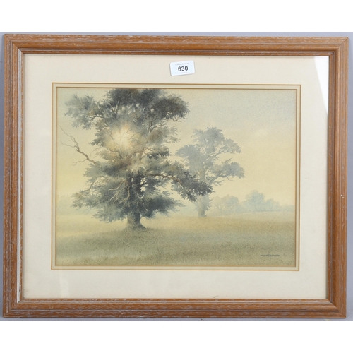 630 - Nigel Price, watercolour, trees in the mists, 28cm x 38cm, framed