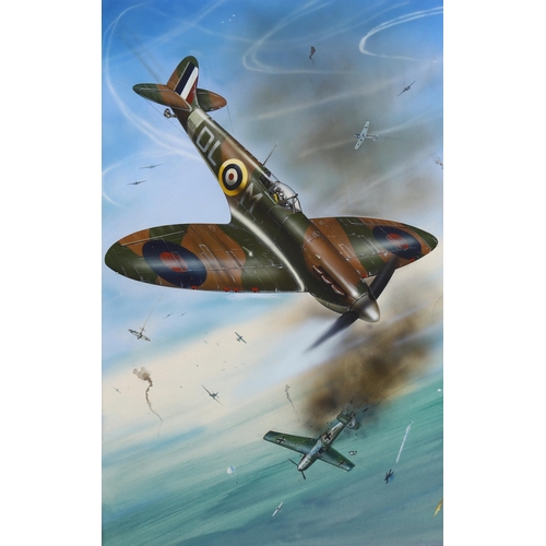 634 - Milton Bradley, gouache, Spitfire dog fight, label verso, 49cm x 32cm, mounted