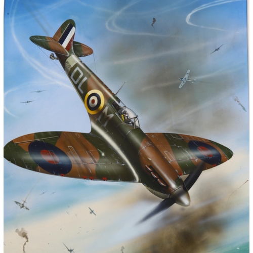 634 - Milton Bradley, gouache, Spitfire dog fight, label verso, 49cm x 32cm, mounted