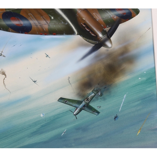 634 - Milton Bradley, gouache, Spitfire dog fight, label verso, 49cm x 32cm, mounted