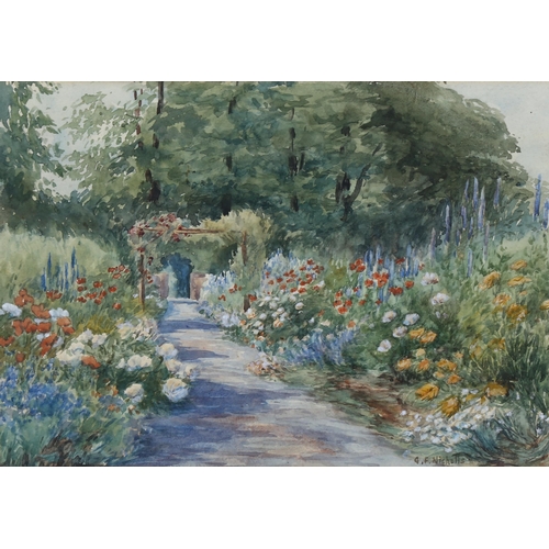 639 - George Frederick Nicholls, watercolour, flower gardens, signed, 23cm x 33cm, framed