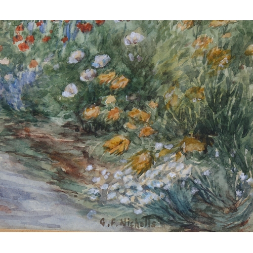 639 - George Frederick Nicholls, watercolour, flower gardens, signed, 23cm x 33cm, framed