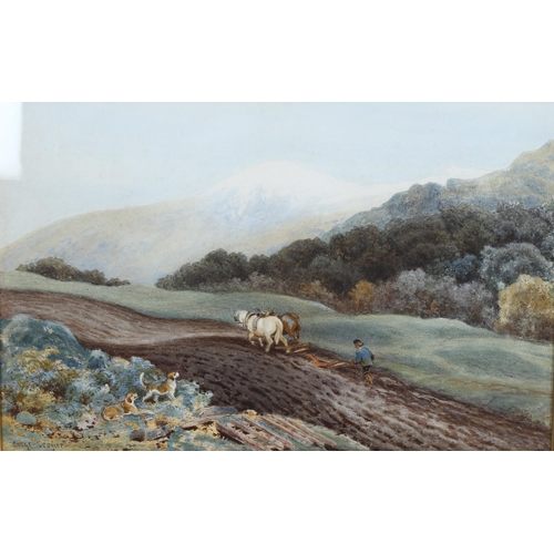 640 - George Crozier, watercolour circa 1900, ploughing scene, signed, 34cm x 51cm, framed