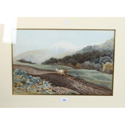 640 - George Crozier, watercolour circa 1900, ploughing scene, signed, 34cm x 51cm, framed