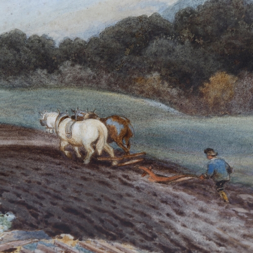 640 - George Crozier, watercolour circa 1900, ploughing scene, signed, 34cm x 51cm, framed