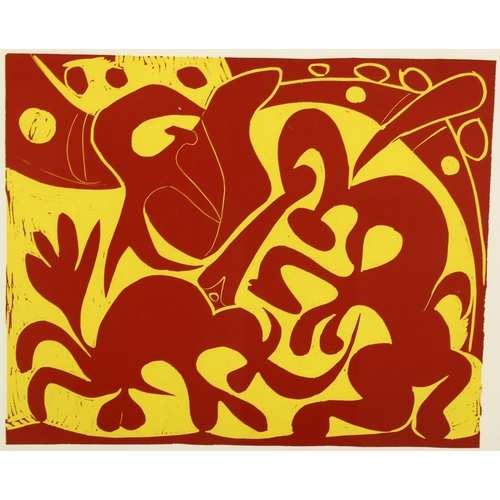 647 - After Pablo Picasso, reduced size linocut, bull fight circa 1960, image 27cm x 33cm, framed