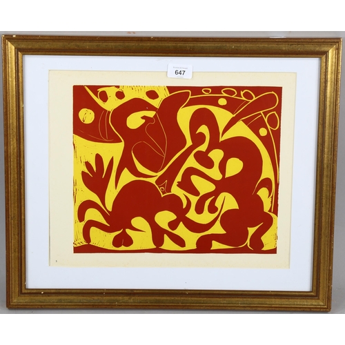 647 - After Pablo Picasso, reduced size linocut, bull fight circa 1960, image 27cm x 33cm, framed