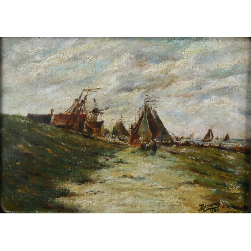 658 - Dutch School, oil on canvas, fisherfolk, indistinctly signed and dated 1920, 21cm x 29cm, framed