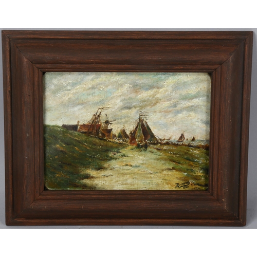 658 - Dutch School, oil on canvas, fisherfolk, indistinctly signed and dated 1920, 21cm x 29cm, framed