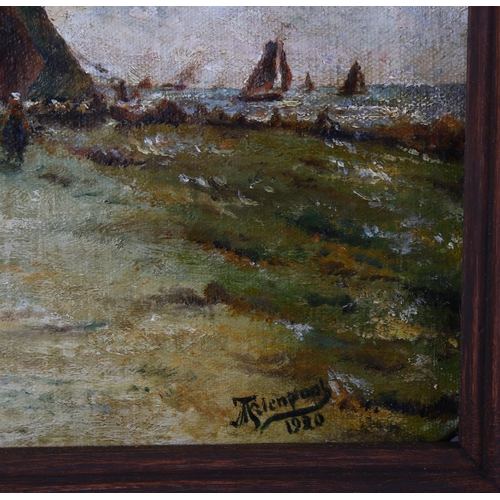 658 - Dutch School, oil on canvas, fisherfolk, indistinctly signed and dated 1920, 21cm x 29cm, framed