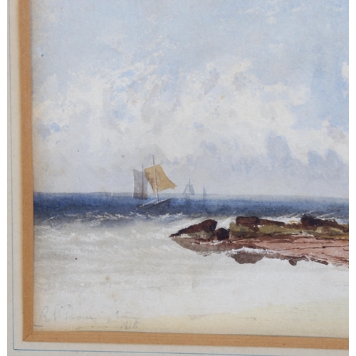 659 - 19th century watercolour, fisherfolk on the beach, 19cm x 31cm, framed