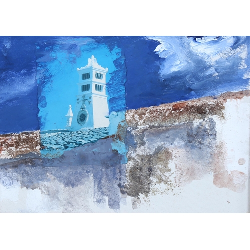 660 - Philip Ricardo, oil/collage on canvas, tower in a landscape, 1989, 23cm x 30cm, framed