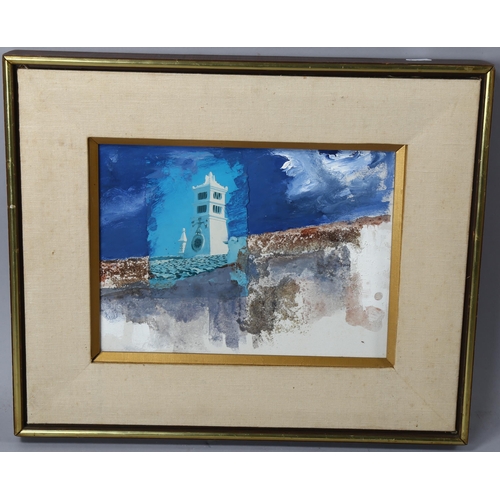 660 - Philip Ricardo, oil/collage on canvas, tower in a landscape, 1989, 23cm x 30cm, framed