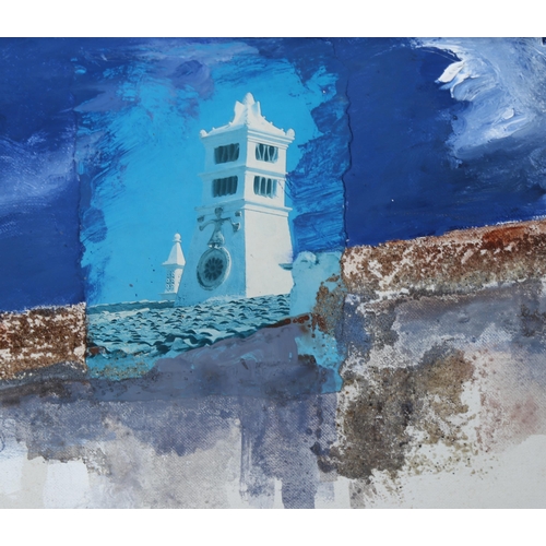 660 - Philip Ricardo, oil/collage on canvas, tower in a landscape, 1989, 23cm x 30cm, framed