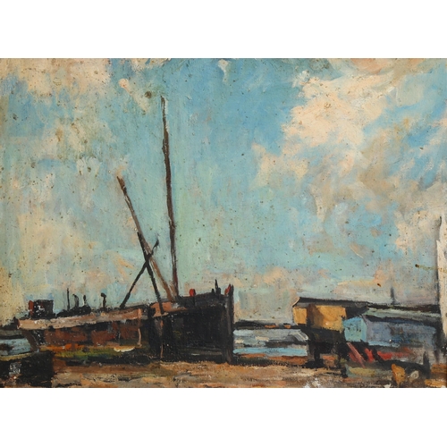 661 - Mid-20th century oil on board, boatyard scene, unsigned, 35cm x 45cm, framed