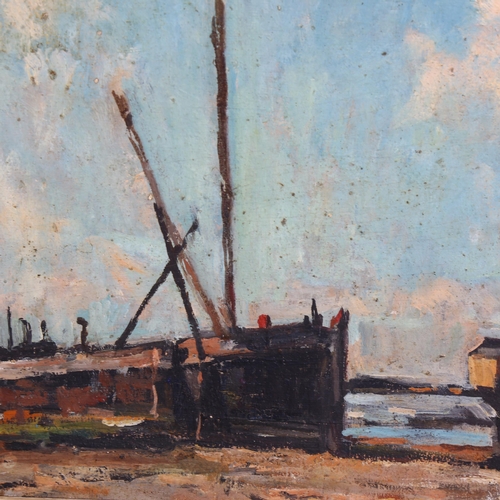 661 - Mid-20th century oil on board, boatyard scene, unsigned, 35cm x 45cm, framed