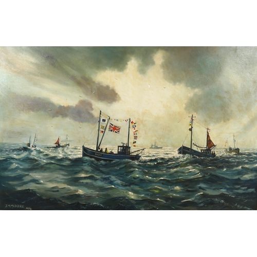 666 - J M Moore, large oil on canvas, Hastings fishing fleet 1974, 90cm x 140cm, framed