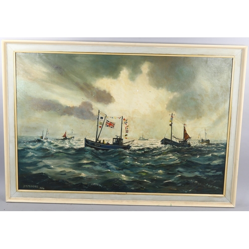 666 - J M Moore, large oil on canvas, Hastings fishing fleet 1974, 90cm x 140cm, framed