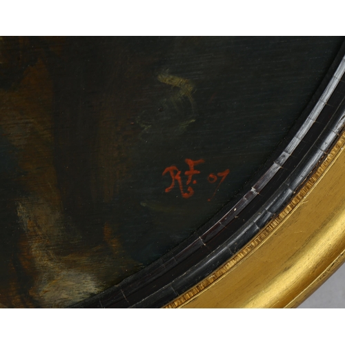 669 - Oval oil on board, portrait of a dog, signed with monogram RF '07, 50cm x 40cm, framed