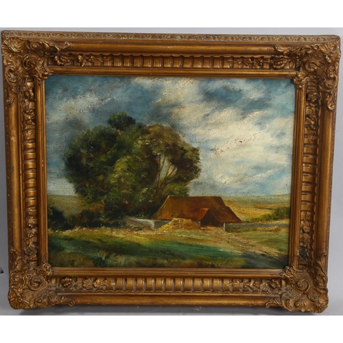 671 - Early 20th century oil on canvas laid on board, farm buildings, unsigned, 37cm x 45cm, framed