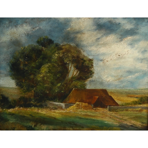 671 - Early 20th century oil on canvas laid on board, farm buildings, unsigned, 37cm x 45cm, framed