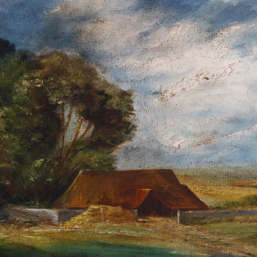 671 - Early 20th century oil on canvas laid on board, farm buildings, unsigned, 37cm x 45cm, framed