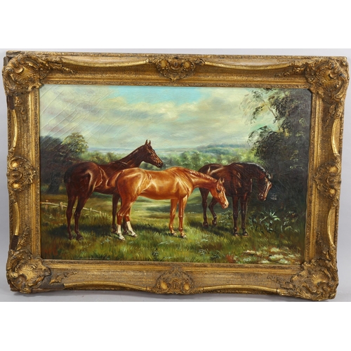 673 - Large oil on canvas, horses in a field, mid to late 20th century, unsigned, 60cm x 90cm, framed