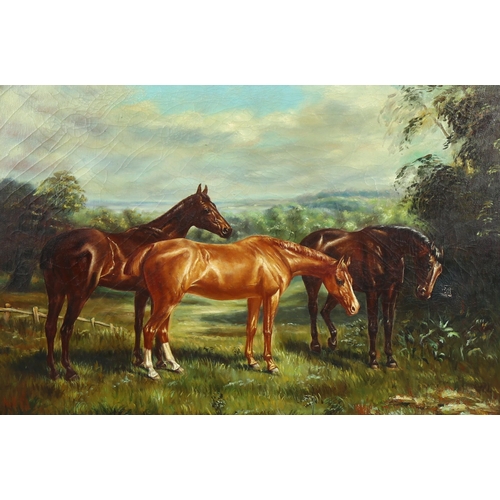 673 - Large oil on canvas, horses in a field, mid to late 20th century, unsigned, 60cm x 90cm, framed