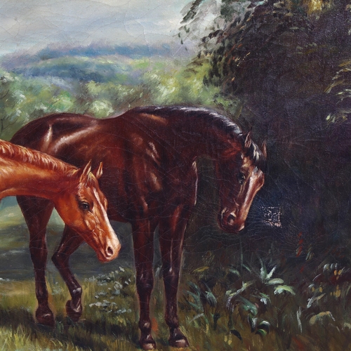 673 - Large oil on canvas, horses in a field, mid to late 20th century, unsigned, 60cm x 90cm, framed