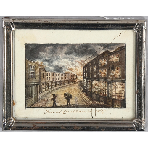 674 - 19th century watercolour, fire at Chatham 1817, unsigned, image 5cm x 8cm, framed