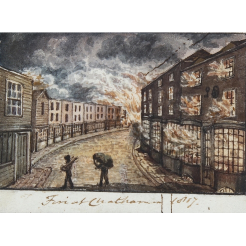 674 - 19th century watercolour, fire at Chatham 1817, unsigned, image 5cm x 8cm, framed