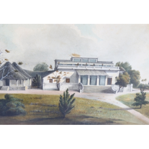 675 - 19th century British School, detailed watercolour of an Anglo-Indian house, unsigned, 13cm x 23cm, f... 