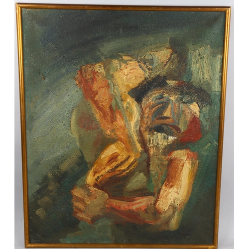 680 - Circle of David Bomberg, oil on canvas, abstract figure study, unsigned, 101cm x 81cm, framed