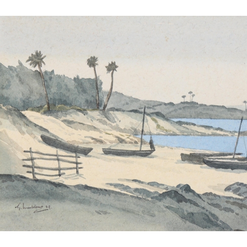 686 - George Monkhouse RBSA, watercolour, study of a beach near Bombay India, signed and dated 1969, 15cm ... 