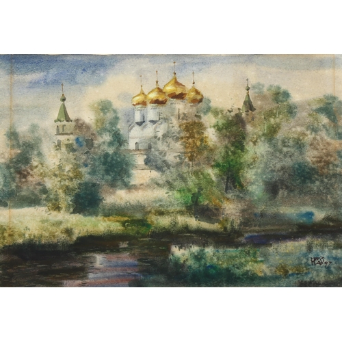 687 - Watercolour, study of a Sikh or Christian temple, signed with monogram dated 1897, image 20cm x 30cm... 