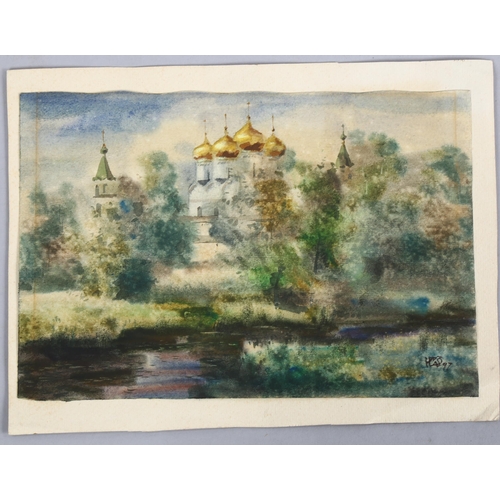 687 - Watercolour, study of a Sikh or Christian temple, signed with monogram dated 1897, image 20cm x 30cm... 