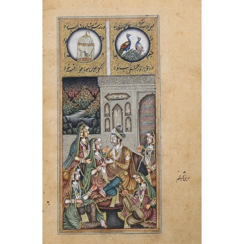 688 - 19th century Persian School, finely detailed watercolour with gilding, study of a Prince courting la... 