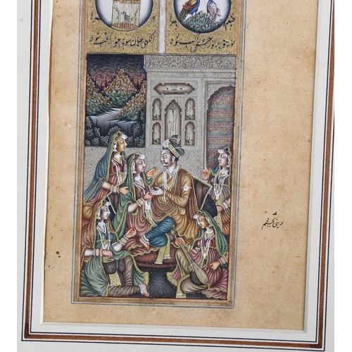 688 - 19th century Persian School, finely detailed watercolour with gilding, study of a Prince courting la... 