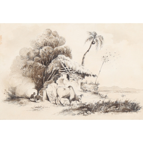 691 - Circle of Charles D'Oyly, 19th century watercolour, study of an Indian village, 13cm x 19cm, mounted